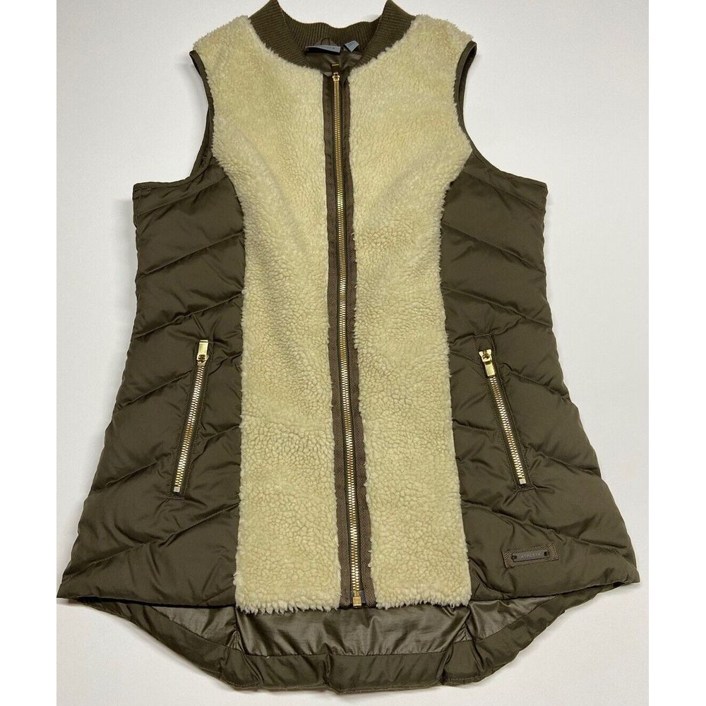 ATHLETA Tundra‎ Goose Down Vest Sherpa Women's Size Small Olive Green Cream